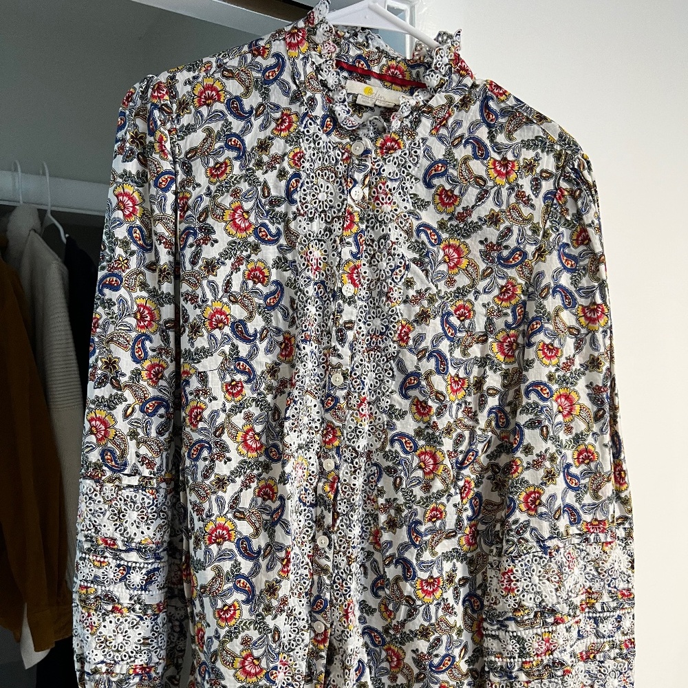 Boden Broderie Cotton Floral Print Blouse 16/18 US Eyelet Button Up